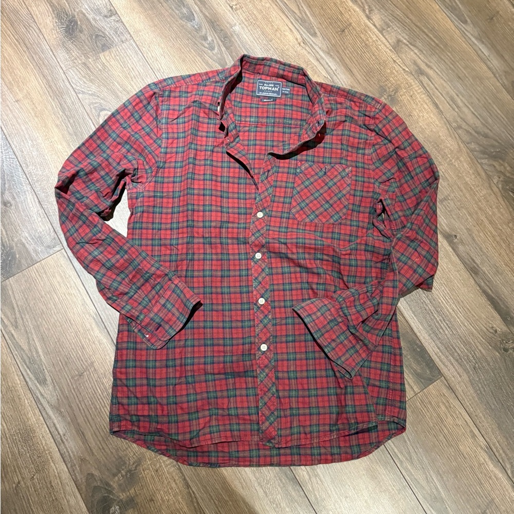 Topman Red and Green Plaid Casual Shirt